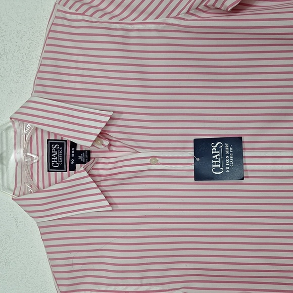 Chaps "NEW" Pink White No Iron Shirt Classic Fit Preppy Button Down Shirt Size M - Picture 2 of 12